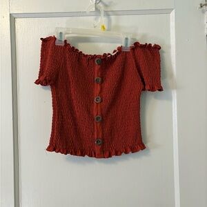 Women's Rust Smocked Off-Shoulder Button Front Top